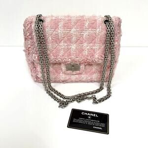 CHANEL Mini Pink Tweed Reissue 2.55 Crossbody Flap Handbag Silver Chain Small